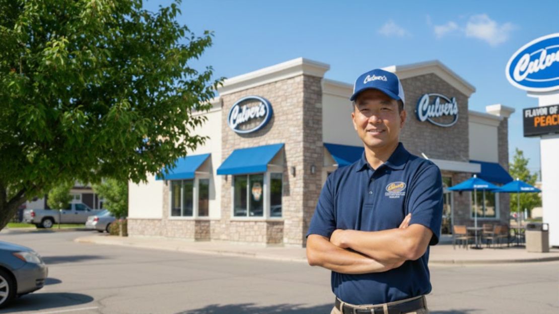 Man wearing Culvers Merch in Culvers store at the back