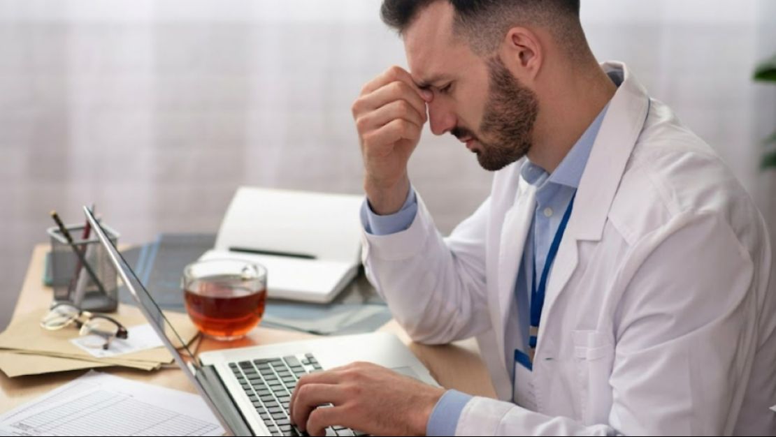 An audiologist with some issues is looking at a laptop