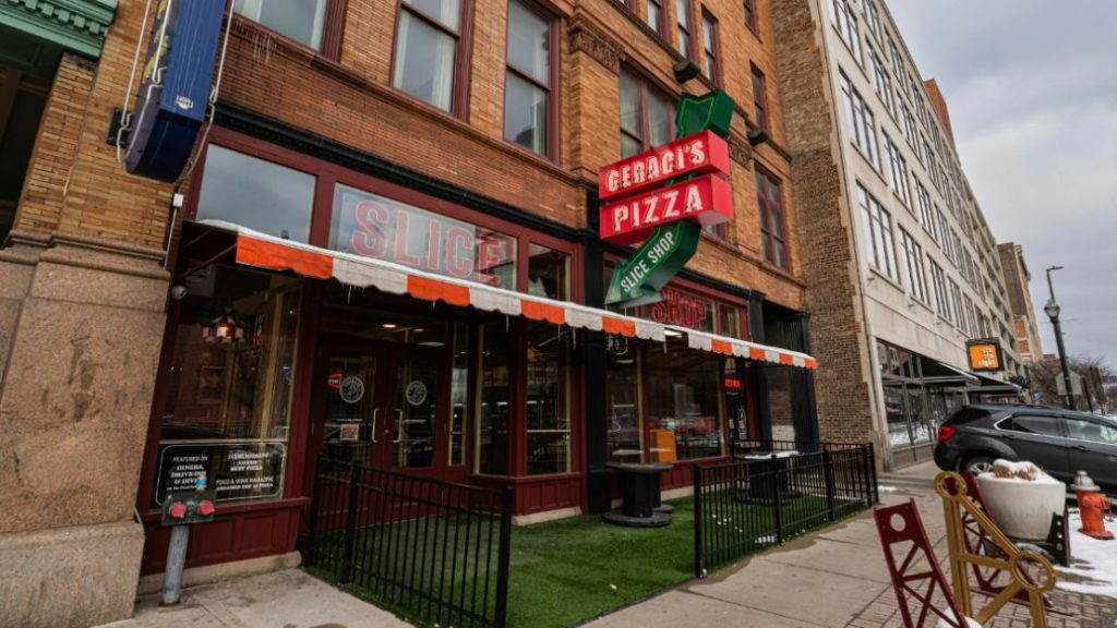 Exterior of a restaurant featuring pizza signage